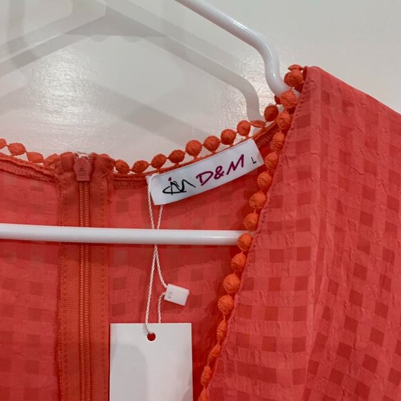 coral orange dress with ruffle detailing and V neckline - Picture 2 of 4